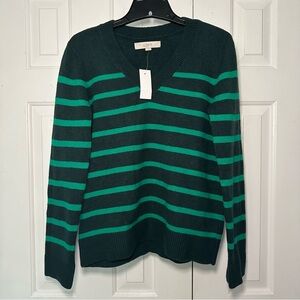 LOFT Green and Black Striped V-Neck Sweater